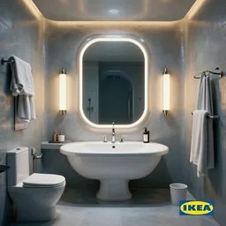 IKEA catalogue photo of an epic cyberpunk bathroom, designed by Frank Gehry, Buckminster Fuller, Nikola Tesla, 8k, HD, realistic, cinematic