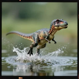 kodak portra 4 0 0, 5 0 mm leica summicron f 1. 2, action photography, long shot, dirty lenses, award winning macro photo of a tiny dinosaur in the middle of a jump on a lake, water splash, fast shutter speed, motion blur, tiny gaussian blur, highly detailed, highly intricate, depth of field, national geographic, 4 k