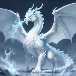still photo of a large, white ice dragon with blue accents. it has a long neck, and its body is covered in scales. its wings are enormous, and it has a long spiky tail. it has a regal appearance, breathing frost, trending on pixiv, by kawacy, digital art, cool lighting