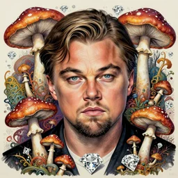 psychedelic mushrooms shamanic dmt art, leonardo dicaprio's inner being, money, diamonds, by fernando botero, ink, airbrush, cinematic, portrait, insanely detailed and intricate, hypermaximalist, elegant, ornate, hyper realistic, super detailed