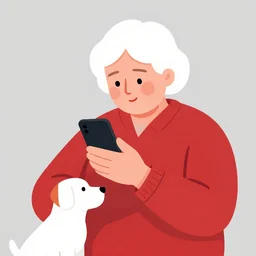a flat design illustration of a grandma with a dog. the grandma using a smart phone. the illustration using only solid colors, the colors are red, gray and white.