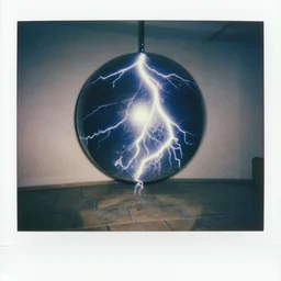 a giant ball of electricity hovering over floor tiles candid camera polaroid shit