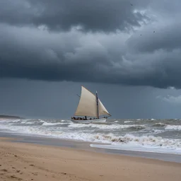storm at the beach, big sailing boat on the beach, dark clouds, birds, wind, by anton mauve