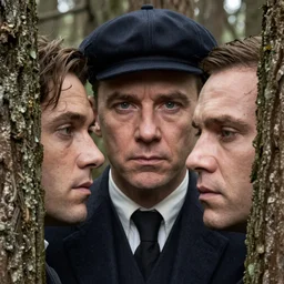a scene from peaky blinders, medium shot, tom hardy hiding in the woods, sharp eyes, serious expressions, detailed and symmetric faces, black and white, epic photo, action cover by talented photographer ansel adams