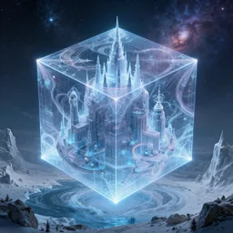 cinematic still of the great hypercube, futuristic holography!! elven city, galactic nebula, desolate, ice, river, snow:: by beeple and James Gilleard and Justin Gerard :: ornate, dynamic, particulate, intricate, elegant, highly detailed, centered, artstation, smooth, sharp focus, octane render, nvidia raytracing demo, masterpiece