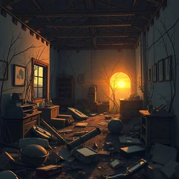 a stylized 2 d cinematic keyframe of a post - apocalyptic survivor's room at dawn covered by nature, debris, abandoned, joy gaze, cel - shaded, classical animation, edge - to - edge print, rendered by studio ghibli, artgerm, alyssa monks, andreas rocha, david kassan, neil blevins, rule of thirds, golden ratio, ambient lighting, art