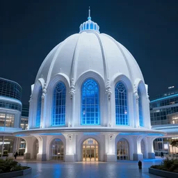 futuristic liege, belgium with white dome train station with blue lights, volumetric light, hyperdetailed, artstation, cgsociety, 8 k