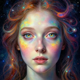 hyperrealistic abstract close-up female portrait Renaissance psychedelic!! celestial happy! pure creature!! peaceful! kind spirit of nature! beautiful fractal!! eyes! highly detailed concept art eric zener elson peter cinematic hard rainbow lighting high angle hd 8k sharp shallow depth of field endless, inspired by Zdzisław Beksiński Salvador Dali