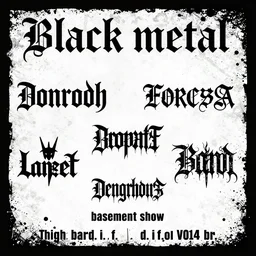 black metal concert flyer, black metal logos, unreadable, 3 band lineup, local bar, d. i. y. venue, basement show