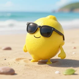 a 5 0 mm professional photograph, of a fictional anthropomorphic lemon character on the beach relaxing, wearing sunglasses, volumetric lightening, taken on pentax k 1 0 0 0