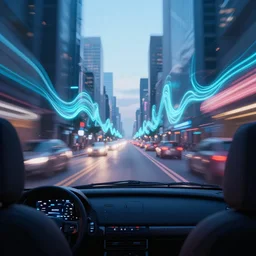 view from the front seat of the car to the futuristic street in glowwave style