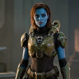 film still of !!Willa Holland!! as !!!!!pale blue-skinned!!!!! Cortana, as in Halo 4, in a new Halo movie, 4k