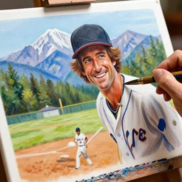 a closeup photorealistic photograph of bob ross painting a baseball card on a canvas featuring kenny powers. mountains and trees. film still. brightly lit scene. this 4 k hd image is trending on artstation, featured on behance, well - rendered, extra crisp, features intricate detail, epic composition and the style of unreal engine.