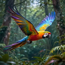 “a beautiful hologram of a psychedelic macaw flying through the forest, trending on artstation, 4k, volumetric lighting, octane render, photorealistic,”