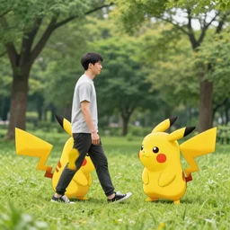 a picture of a man walking in a park with pikachu