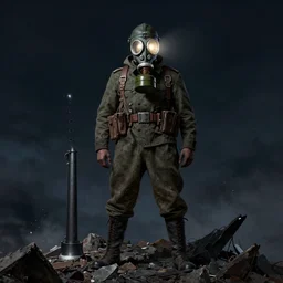 portrait of futuristic world war 1 russian flamethrower soldier with gp - 5 gas mask with light glowing, on top of a giant debris pile, dark night background, moody colors, high details, dripping paint, greg rutkowski, craig mullins, ash thorpe, fibonacci rhythm ar