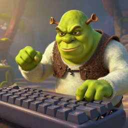 shrek angry keyboard, half body shot, path traced, fight scene, highly detailed, high quality, digital painting