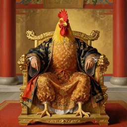 portrait of the man chicken emperor of japan dressed as a chicken, sitting on his throne at his palace, highly detailed painting by gaston bussiere, craig mullins, j. c. leyendecker 8 k