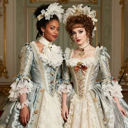 victorian image of the rococo style lisa frank image of a famous couple of mixed race in fantastic bespoke clothing haute couture and make up sho murase