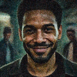Close up portrait of a main with a mysterious knowing smile looks at the camera with an inner-city crime scene in the background. Photorealistic. Award winning. Dramatic lighting. Intricate details. UHD 8K.