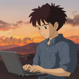 guy with black hair using a laptop, tan skin, looking down, sunset, art by hayao miyazaki, studio ghibli film, twitter pfp