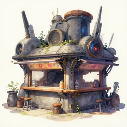 overwatch noir building, food stall, kiosk, stylized, exterior, architecture, in watercolor gouache detailed paintings, arcane, insanely detail, artstation, 8 k, futuristic, big medium small, props, furniture and decor, empty, no character