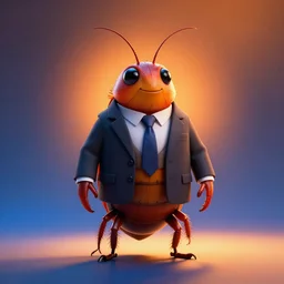 full body shot of an anthropomorphic cockroach wearing a suit with a tie, best of artstation, backlighting, orange lights, blue shadows, 8k, hyper detail illustration