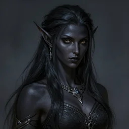 portrait of a feminine male dark elf, dark obsidian skin, long hair, fantasy, feminine, elegant, intricate, highly detailed, digital painting, artstation, concept art, sharp focus, illustration