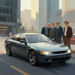 a sedan car in a future city, on the street. style by simon bisley, ismail inceoglu, wadim kashin, filip hodas, benedick bana, and andrew atroshenko.