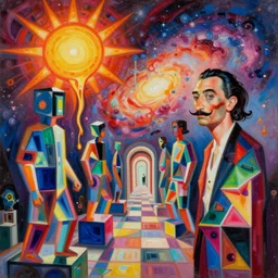 an extremely high quality hd detailed ultra-realistic photorealistic surrealism painting of neon cast glass cubism figures melting into a warm picasso galaxy landscape by dali and zaha hadid, vivid colors, complimentary colors, melting sun, melting 4d cubes, hallway landscape, 8k, hd, high quality, high contrast
