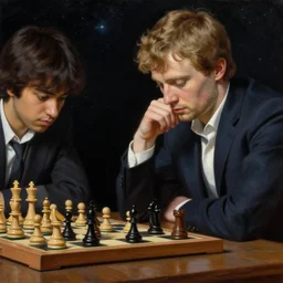 Magnus Carlsen playing chess with Hikaru Nakamura in the space, realistic painting, classical painting, high definition, digital art, matte painting, very detailed, realistic
