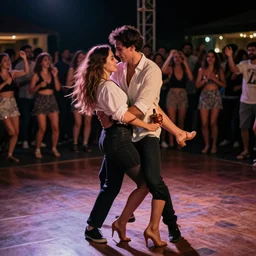 a cute couple doing the bump on the dancefloor. freedom. being loose. pleasure. midnight. outdoors and indoors. varying angles. high - res photography.