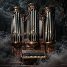 pipe organ album art, doom classic dos, in the style of vincent di fate and alan lee, intricate, hyper detailed, dark smoke, dramatic lighting