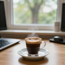 turkish coffee on the office table, window with tree
