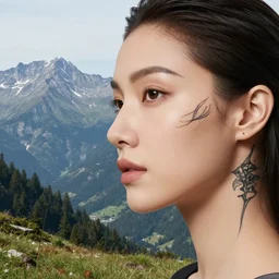 blend of a hyper realistic mountain scenery with a beautiful woman face, tattoo design sketch, in the style of matteo pasqualin, hyper - realistic, amazing detail, black and white