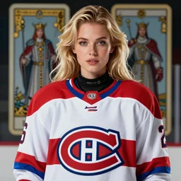 hyperrealistic detailed portrait of a supermodel female ice hockey player, Habs Jersey, cleric, futuristic fantasy, D&D, blonde hair, gold details, red blue white colorway, soft features, elegant, artstationHD, intricate details, tarot card, cinematic, vibrant