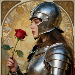 closeup portrait of a beautiful mysterious woman warrior wearing an armour costume and helmet, holding a stalk of rose, profile view, fantasy, regal, intricate, by stanley artgerm lau, greg rutkowski, thomas kinkade, alphonse mucha, loish, norman rockwell