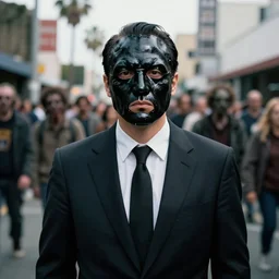 sharp portrait of one man in a suit with a face made of black shiny leather standing in los angeles with blured crowd of zombies on a background, bokeh, detailed, film photography, kodak portra 4 0 0,