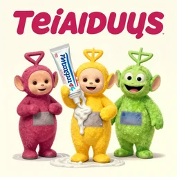 Blast of liquid toothpaste covering the Teletubbies, big teeth smiling monster, toothpaste vintage advertisement poster printed CMYK ink coloured lithography, everything made out of toothpaste, Colgate