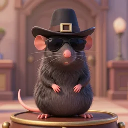 a still of an anthropomorphic gangster rat, wearing sunglasses and a mafia-style hat, long fur, sitting on 2fort in a Disney Pixar movie, 35mm f2.8, 4k, artstation, PBR materials, Pixar renderman render