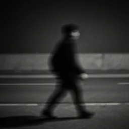 a lonely shadowy figure at night, black and white, long exposure, motion blur, 3 5 mm