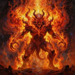epic oil painting of a gigantic space demon exploding from an otherworldly force, pure evil demonic flames, invocation, by dan seagrave art