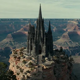 an atmospheric screenshot of a film by denis villeneuve featuring a dark gothic cathedral carved out of rock at the top of the grand canyon
