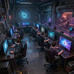 1 9 5 0 s, atompunk, two boys playing game at a spacious gaming room with their hi - tech gaming setup, intricate, highly detailed, spacious, indoor, artstation, art by filip hodas and artgerm