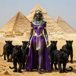 A black Warrior Queen in purple surrounded by black panthers with Egyptian pyramids in the background