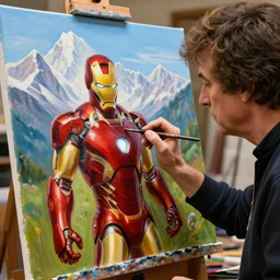 a closeup photorealistic photograph of bob ross at his studio, working on a canvas painting of iron man. mountain scape. film still, vibrant colors. this 4 k hd image is trending on artstation, featured on behance, well - rendered, extra crisp, features intricate detail, epic composition and the style of unreal engine.