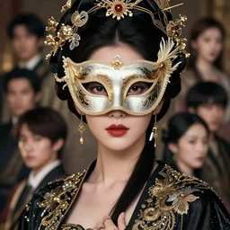 portrait of a female wearing a mask, elegant, fancy clothing, ornaments, highly detailed, full - color, beautiful, cinematic lighting, mesmerizing, concept art, artstation, trending, by hideyuki morioka, akio watanabe, ito ogure, vofan, greg rutkowski, victo ngai, artgerm