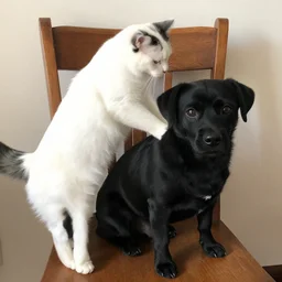 a black dog sitting on a wooden chair. a white cat with black ears is standing up with its paws on the chair.