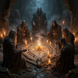ancient necromancers using ouija board surrounded with melting candles in tomb, pentagram, smoky, dark fantasy, scifi, volumetric lights, intricate, intense detail, digital painting, artstation, concept art, soft shading, cinematic, hyperealistic, illustration, style of h. r. giger, 3 d 4 k