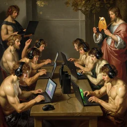 large group of pre-Raphaelite muscular athletic male gamers wearing headsets!!!!! holding laptops!!!! playstation!!! x-box! and PC by Bouguereau and raphael